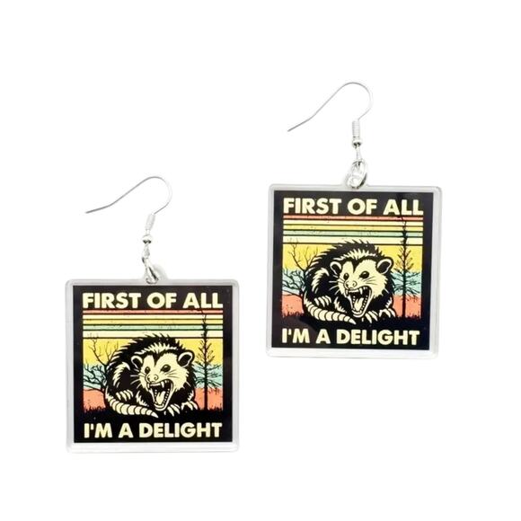 Funny Possum Earrings – Retro “First of All I’m a Delight” Square Dangle Jewelry - Picture 1 of 9